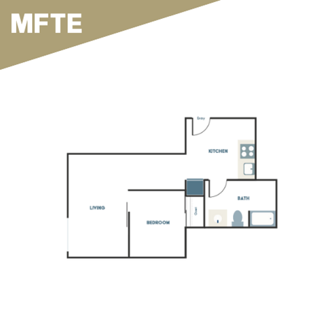 A floor plan of a house with a living room, bedroom, bathroom, and kitchen.